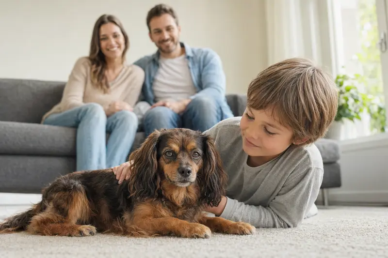 Ein freundlicher Russischer Zwergspaniel liegt entspannt neben einem Kind im hellen Wohnzimmer, während die Eltern im Hintergrund eine sichere Familienatmosphäre schaffen.