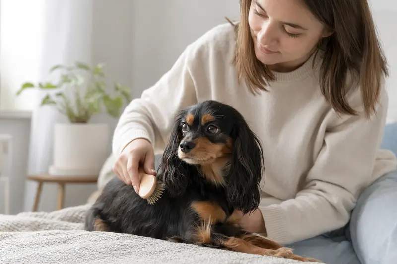 Ein Russischer Zwergspaniel wird zuhause von seinem Besitzer sanft gebürstet und gepflegt.