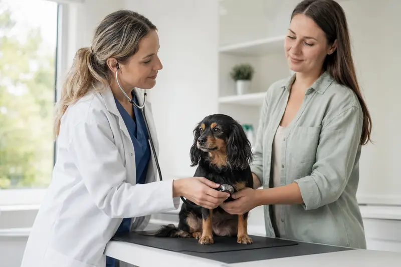 Ein ruhiger Russischer Zwergspaniel auf einem Untersuchungstisch, während eine freundliche Tierärztin ihn mit einem Stethoskop untersucht.
