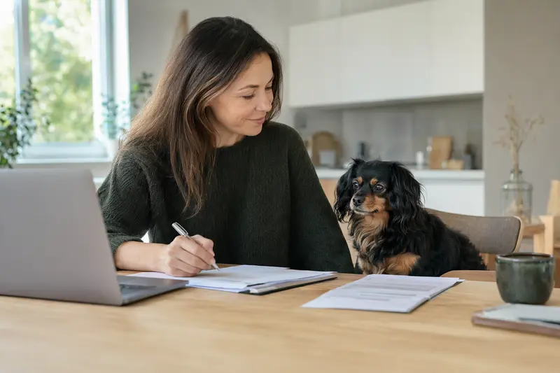 Ein Russischer Zwergspaniel sitzt ruhig neben seinem Besitzer am Küchentisch, während Versicherungsunterlagen und ein Laptop auf eine Tierkrankenversicherung hinweisen.