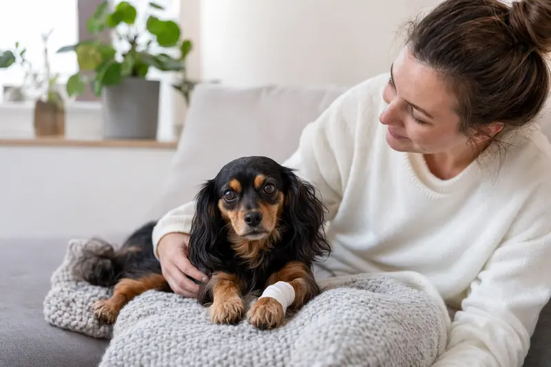 Ein Russischer Zwergspaniel mit leichtem Verband an der Pfote liegt ruhig auf einer Decke, während sein Besitzer daneben erleichtert sitzt.