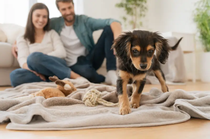 Ein junger Russischer Zwergspaniel Welpe erkundet neugierig sein neues Zuhause mit weicher Decke und Spielzeug in einer hellen Wohnung.