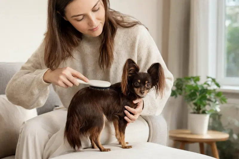 Ein Russkiy Toy Hund wird zu Hause liebevoll gebürstet, was die sanfte Fellpflege und verantwortungsvolle Hundegesundheit zeigt.