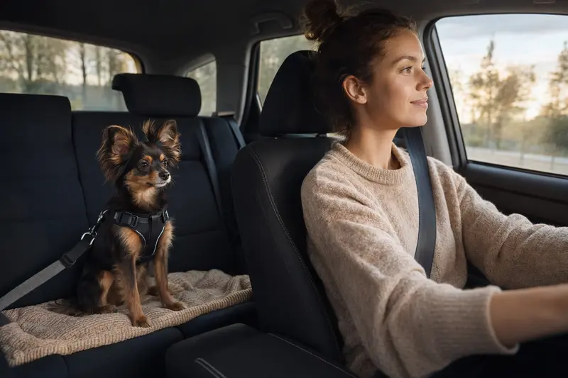Ein Russkiy Toy Hund sitzt sicher angeschnallt auf der Rückbank eines Autos, während die Besitzerin ruhig fährt.