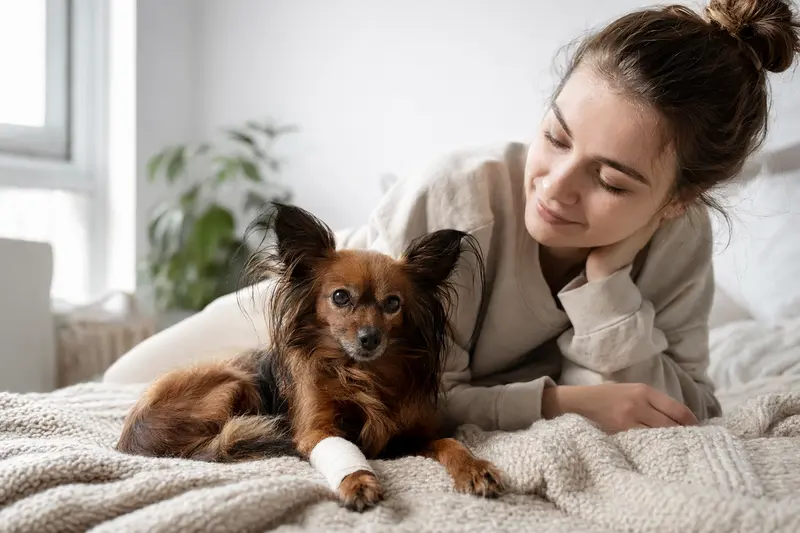 Ein Russkiy Toy Hund mit leicht verbundenen Pfote liegt ruhig auf einer Decke, während sein Besitzer erleichtert neben ihm sitzt.
