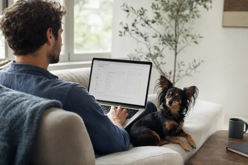 Besitzer sitzt mit Laptop auf dem Sofa, neben ihm ein Russkiy Toy Hund, unscharfe Versicherungsvergleichs-Oberfläche im Hintergrund.