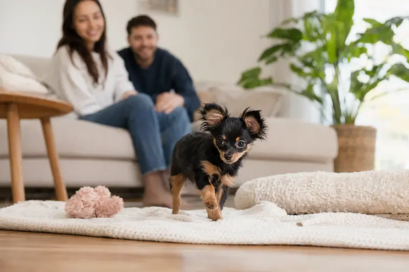 Ein junger Russkiy Toy Welpe erkundet neugierig sein neues Zuhause mit weicher Decke und Spielzeug, während seine Familie im Hintergrund steht.
