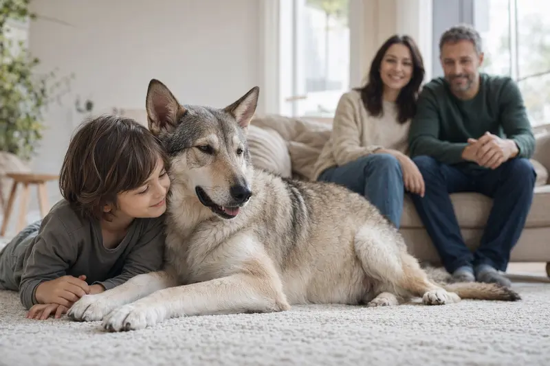 Ein Saarlooswolfhund liegt entspannt neben einem Kind im Wohnzimmer, während die Eltern im Hintergrund in einer warmen Familienatmosphäre zu sehen sind.