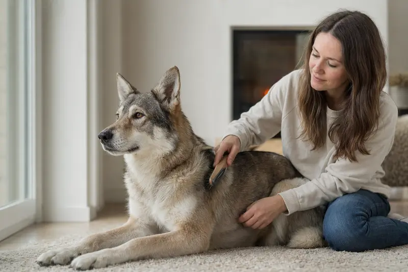 Ein Saarlooswolfhund wird in einer hellen Wohnung sanft gebürstet, während sein Besitzer die Fellpflege ruhig und liebevoll übernimmt.