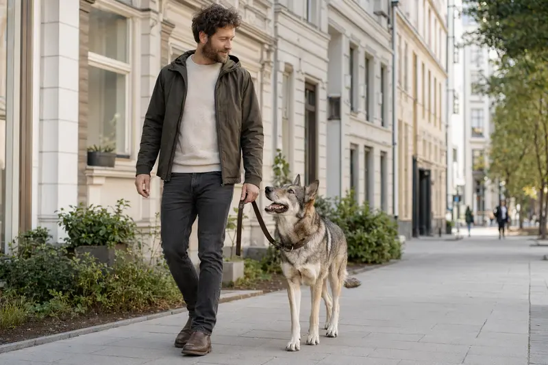 Ein Saarlooswolfhund läuft angeleint mit seinem Besitzer durch eine freundliche moderne Stadtstraße.