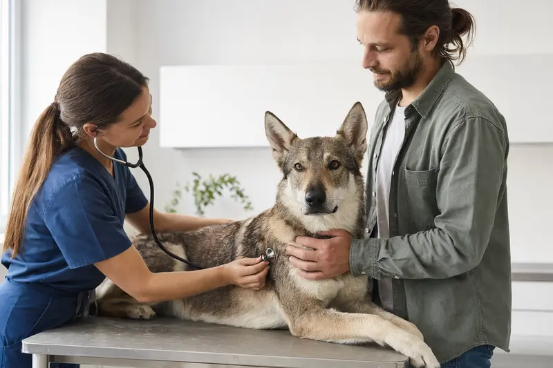 Eine ruhige Saarlooswolfhund-Hündin wird von einer freundlichen Tierärztin in einer modernen Praxis mit einem Stethoskop untersucht, während der Besitzer beruhigend daneben steht.