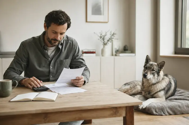 Ein Hundehalter sitzt mit einer Tierarztrechnung am Tisch, während ein entspannter Saarlooswolfhund auf einer Decke im hellen Wohnzimmer liegt.