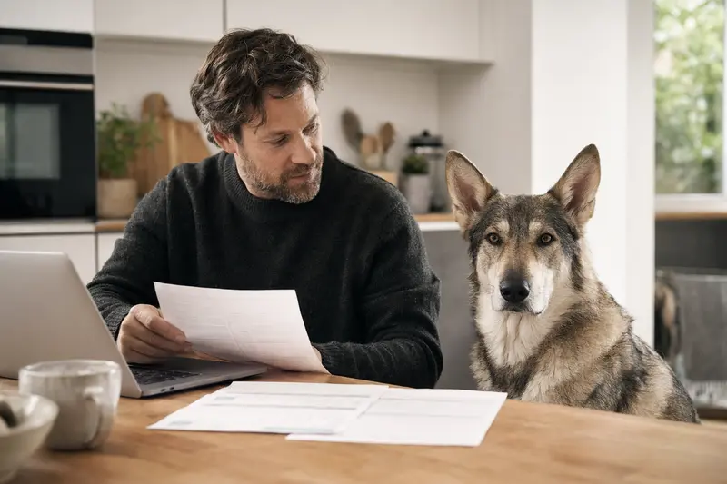 Ein Saarlooswolfhund sitzt ruhig neben seinem Besitzer am Küchentisch, während Versicherungsunterlagen und ein Laptop mit einer neutralen Vergleichsseite vor ihm liegen.