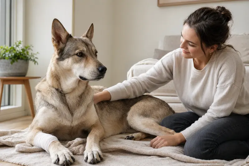 Saarlooswolfhund mit leichtem Verband an der Pfote liegt ruhig auf einer Decke neben seinem erleichterten Besitzer in einer hellen Wohnung.