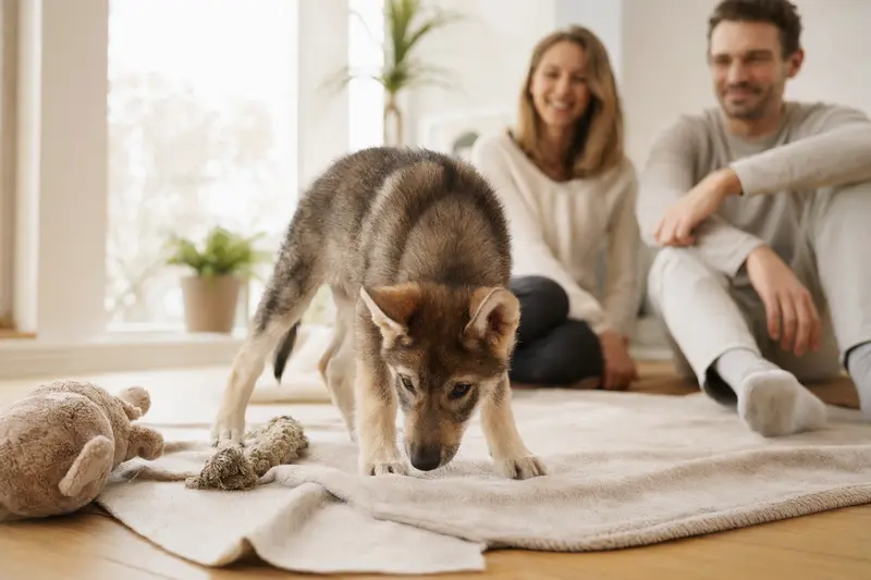 Ein junger Saarlooswolfhund-Welpe erkundet neugierig sein neues Zuhause auf einer weichen Decke neben Spielzeug, während seine Familie im Hintergrund steht.