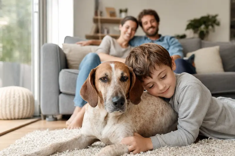 Ein freundlicher Sabueso Espanol liegt entspannt neben einem Kind im hellen Wohnzimmer, während die Eltern im Hintergrund zu sehen sind.
