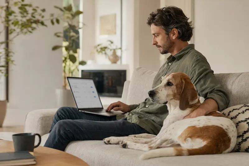 Ein Hundebesitzer mit einem Sabueso Espanol auf dem Sofa arbeitet am Laptop an einem Versicherungsvergleich.
