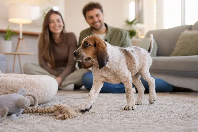Ein junger Sabueso Espanol Welpe entdeckt neugierig sein neues Zuhause in einer hellen Wohnung mit weicher Decke und Spielzeug.