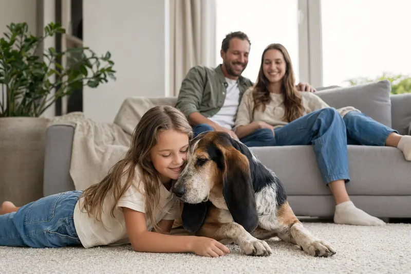 Ein freundlicher Sabueso Polaco liegt entspannt neben einem Kind im hellen Wohnzimmer, während die Eltern im Hintergrund eine sichere Familienatmosphäre schaffen.