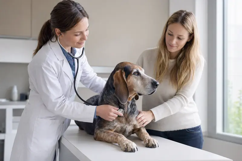 Ein ruhiger Sabueso Polaco Hund wird von einer freundlichen Tierärztin mit einem Stethoskop in einer modernen Tierarztpraxis untersucht, während der beruhigende Besitzer daneben steht.