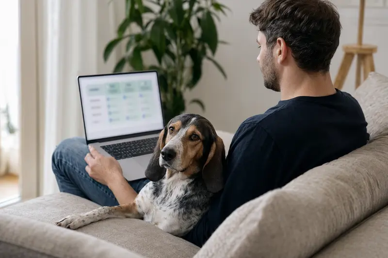 Ein Hundebesitzer arbeitet mit Laptop auf dem Sofa, während ein Sabueso Polaco entspannt daneben sitzt.
