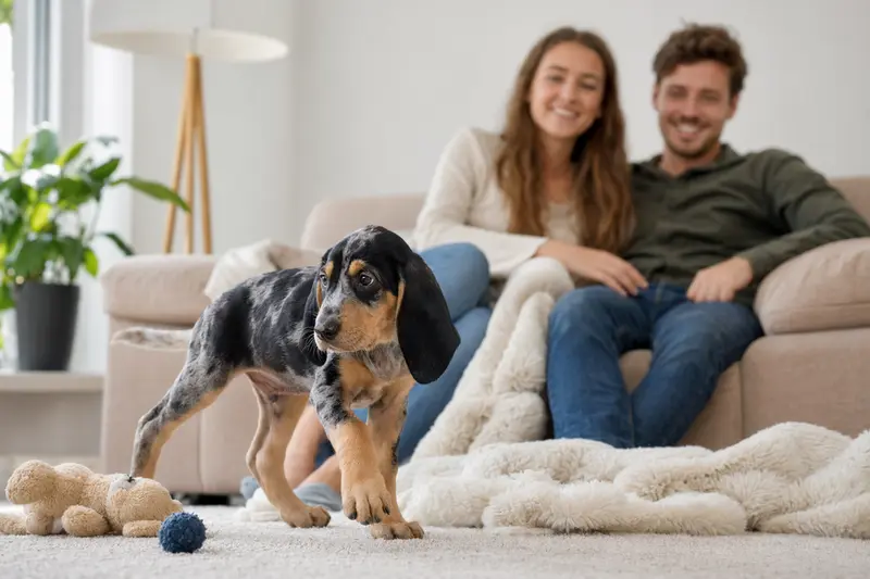 Ein junger Sabueso Polaco Welpe erkundet neugierig sein neues Zuhause in einer hellen Wohnung mit weicher Decke und Spielzeug.
