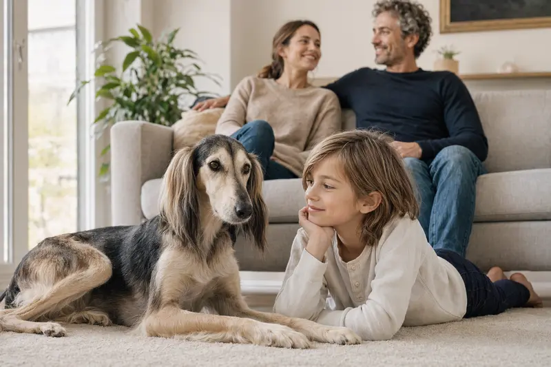 Ein freundlicher Saluki Hund liegt entspannt neben einem Kind im Wohnzimmer, während die Eltern im Hintergrund eine warme und sichere Familienatmosphäre schaffen.