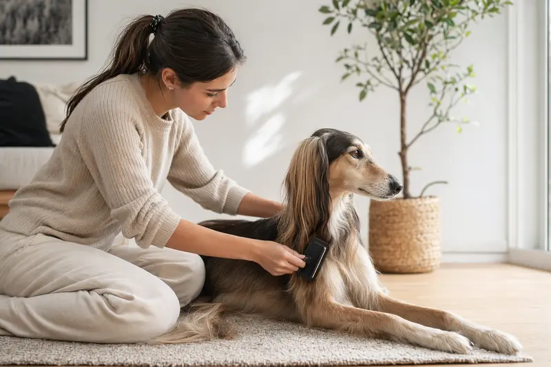 Ein Saluki wird zuhause sanft gebürstet, während der Besitzer sich liebevoll um die Fellpflege kümmert.