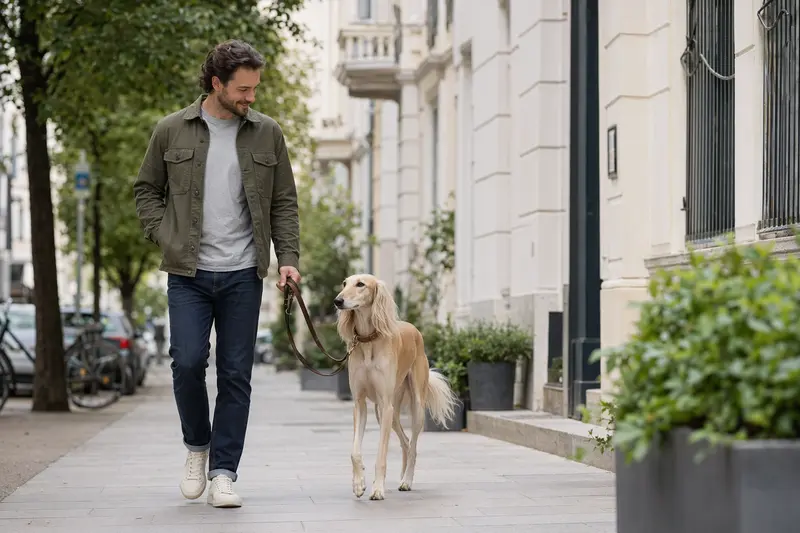 Ein Saluki Hund läuft entspannt an der Leine mit seinem Besitzer durch eine moderne Stadtstraße.