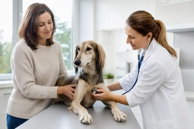 Ein ruhiger Saluki Hund wird von einer freundlichen Tierärztin mit einem Stethoskop in einer modernen Tierarztpraxis untersucht.