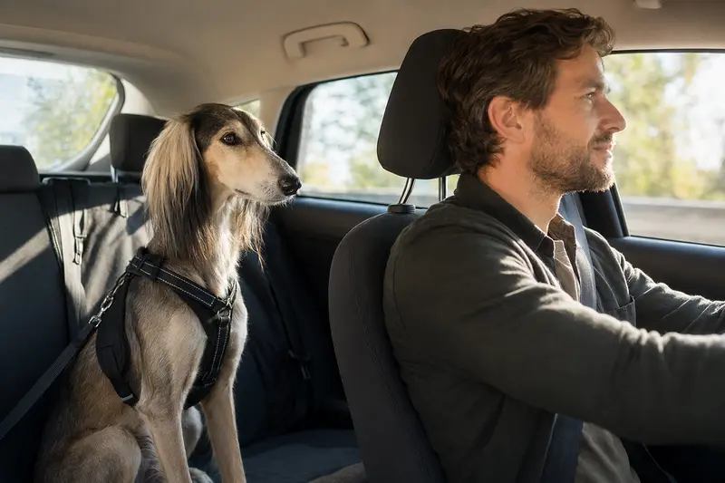 Ein Saluki sitzt sicher angeschnallt auf der Rückbank eines Autos, während der Besitzer ruhig fährt.