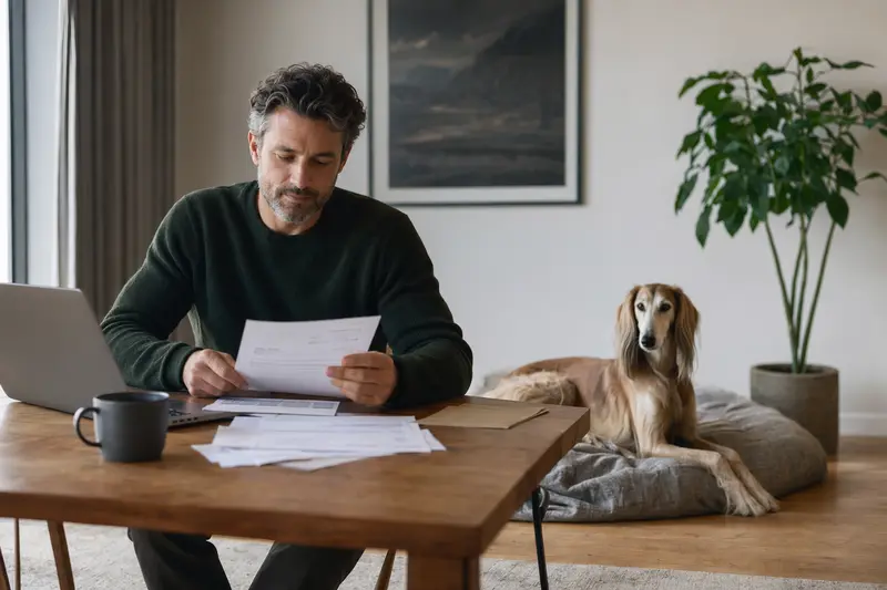 Ein Hundehalter sitzt mit einer Tierarztrechnung am Tisch, während ein entspannter Saluki auf einer Decke daneben ruht, als Bild zur Hundekrankenversicherung.