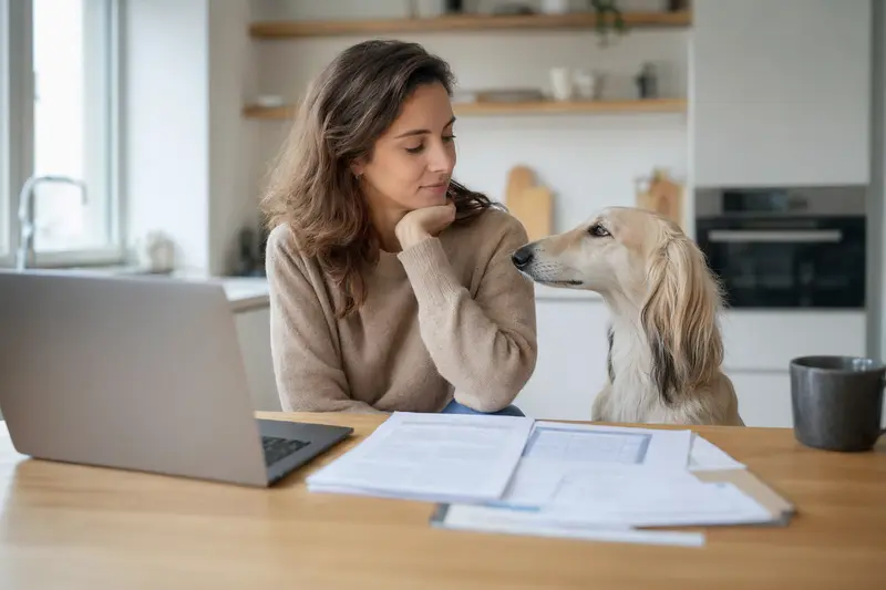 Ein Saluki sitzt ruhig neben seinem Besitzer am Küchentisch, während Versicherungsunterlagen und ein Laptop mit Vergleichsseite die private Hundekrankenversicherung veranschaulichen.