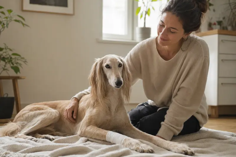 Ein Saluki mit leichtem Verband an der Pfote liegt ruhig auf einer Decke, während sein Besitzer neben ihm erleichtert sitzt.
