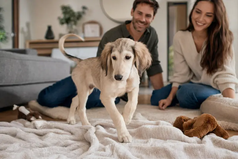 Ein junger Saluki-Welpe entdeckt neugierig sein neues Zuhause in einer hellen Wohnung mit weicher Decke und Spielzeug.