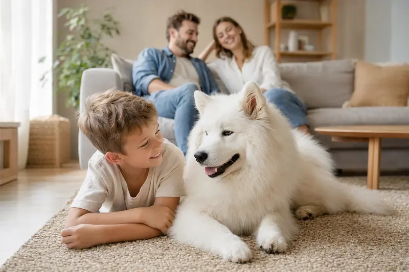 Ein freundlicher Samojede liegt entspannt neben einem Kind im hellen Wohnzimmer, während die Eltern im Hintergrund eine sichere Familienatmosphäre schaffen.