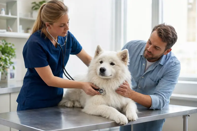 Ein ruhiger Samojede Hund auf dem Untersuchungstisch in einer modernen Tierarztpraxis, während eine freundliche Tierärztin ihn mit einem Stethoskop untersucht.
