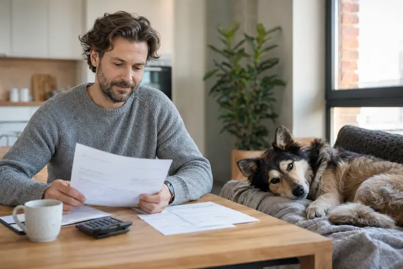 Ein Hundebesitzer sitzt mit einer Tierarztrechnung am Tisch, während ein entspannter Samojede auf einer Decke neben ihm liegt – ein ruhiges Motiv zum Thema Hundekrankenversicherung und Tierarztkosten.