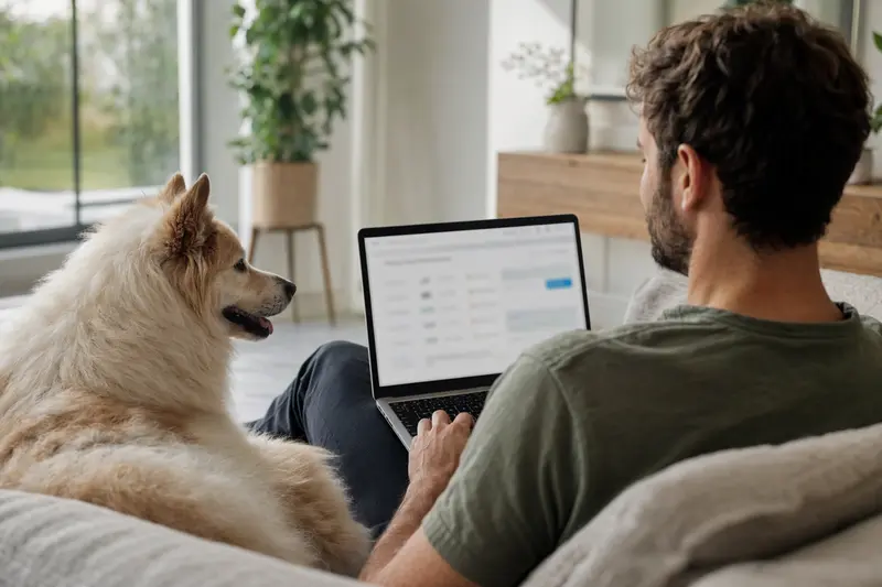 Ein Samojede Hund sitzt neben seinem Besitzer auf dem Sofa, während dieser am Laptop eine Versicherungsvergleichs-Seite für Tiere betrachtet.