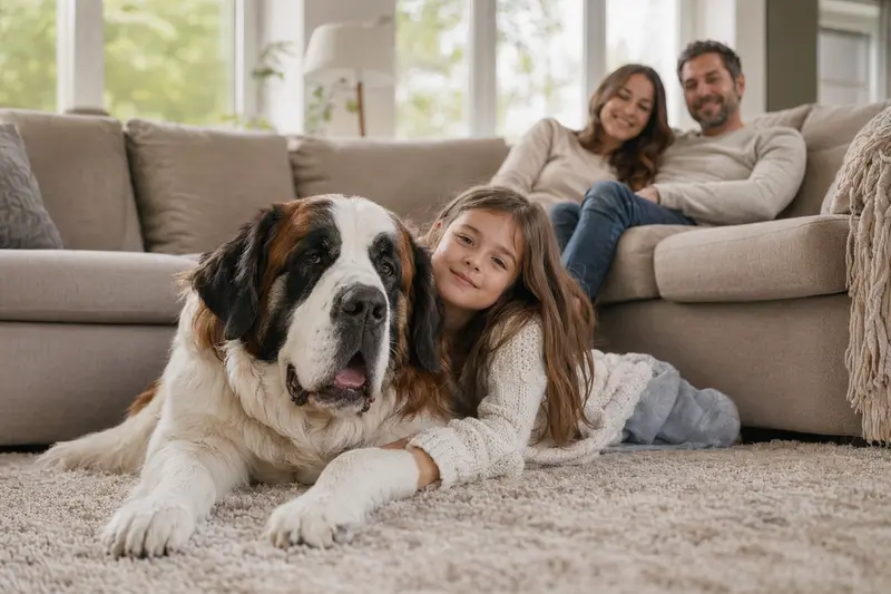 Ein Sankt Bernhardshund liegt entspannt neben einem Kind im hellen Wohnzimmer und vermittelt eine sichere Familienatmosphäre mit Hund.