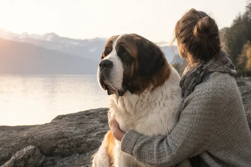 Ein aufmerksam stehender Sankt Bernhardshund vor hellem Hintergrund als professionelles Tierportrait.