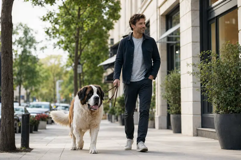 Ein Sankt Bernhardshund läuft an der Leine mit seinem Besitzer durch eine freundliche moderne Stadtstraße.