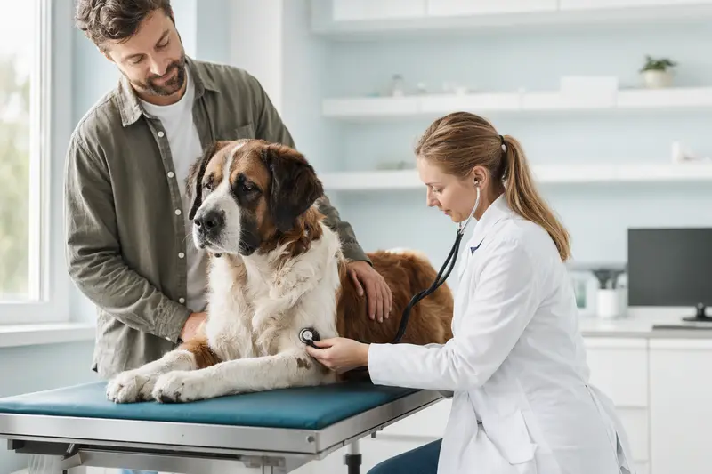 Ein Sankt Bernhardshund wird von einer Tierärztin in einer modernen Praxis mit einem Stethoskop untersucht, während sein Besitzer beruhigend danebensteht.