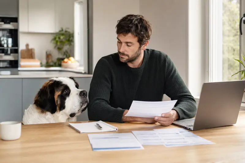 Ein Sankt Bernhardshund sitzt ruhig neben seinem Besitzer am Küchentisch mit Versicherungsunterlagen und Laptop zur Hundekrankenversicherung.