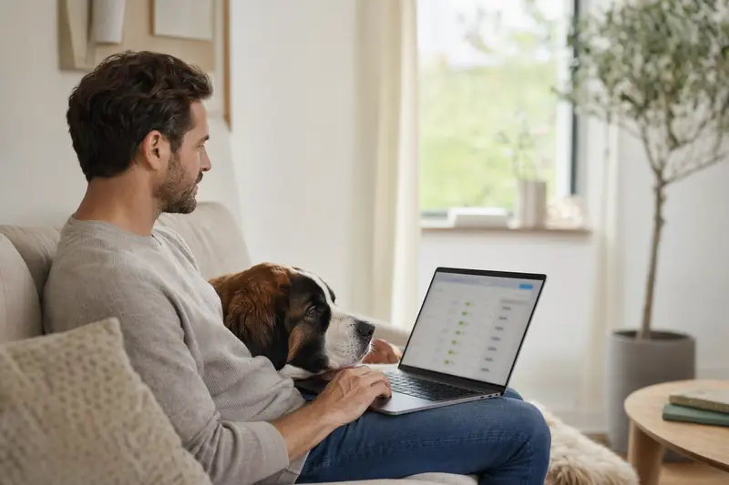 Ein Hundebesitzer sitzt mit einem Sankt Bernhardshund auf dem Sofa und vergleicht Versicherungen am Laptop.