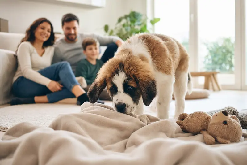 Ein junger Sankt Bernhardshund Welpe erkundet neugierig sein neues Zuhause mit weicher Decke und Spielzeug in einer hellen Wohnung.