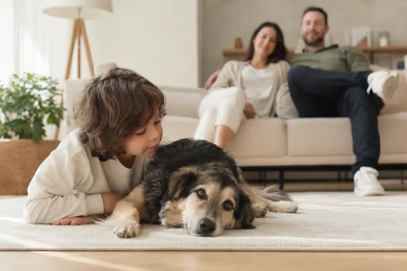 Ein freundlicher Sanshu Hund liegt entspannt neben einem Kind im hellen Wohnzimmer, während Eltern im Hintergrund eine sichere Familienatmosphäre schaffen.