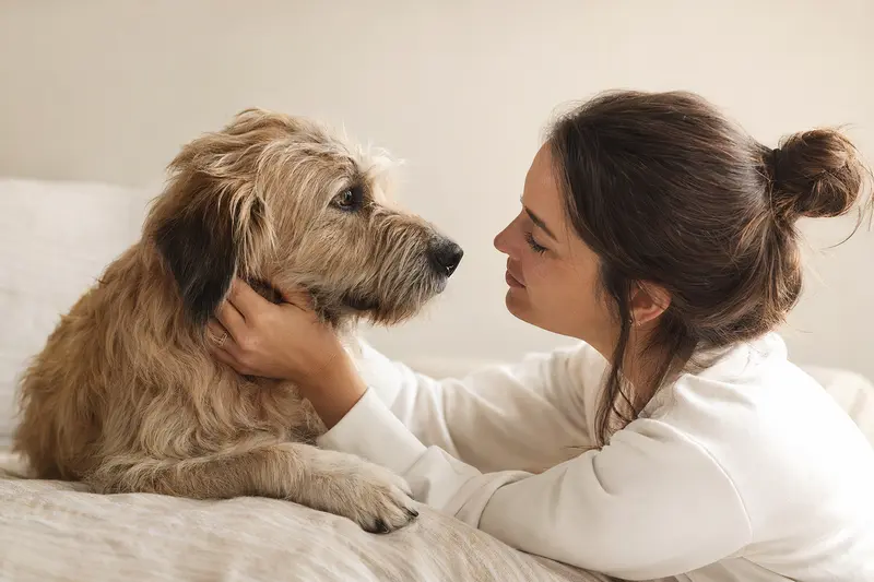 Ein aufmerksamer Sanshu Hund steht in natürlicher Haltung vor hellem Hintergrund und zeigt die typischen Merkmale der Rasse als realistisches Tierportrait.