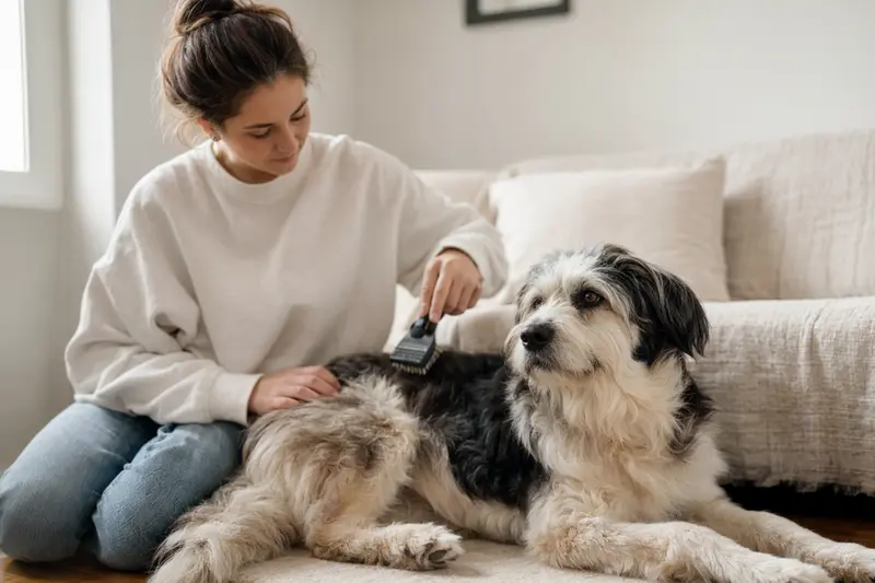 Ein Sanshu Hund wird in einer hellen Wohnung sanft gebürstet, während sich sein Besitzer liebevoll um die Fellpflege kümmert.