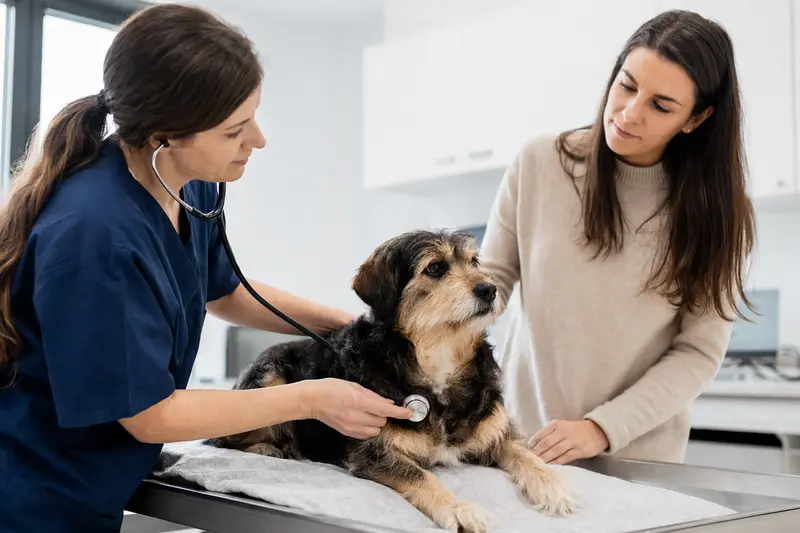 Eine Tierärztin untersucht einen ruhigen Sanshu Hund auf dem Untersuchungstisch mit dem Stethoskop, während der Besitzer beruhigend daneben steht.